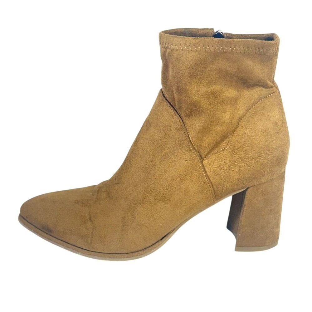Marc Fisher Women Tan Suede Block Heel Ankle Boots Size 9 Bootie Side Zip